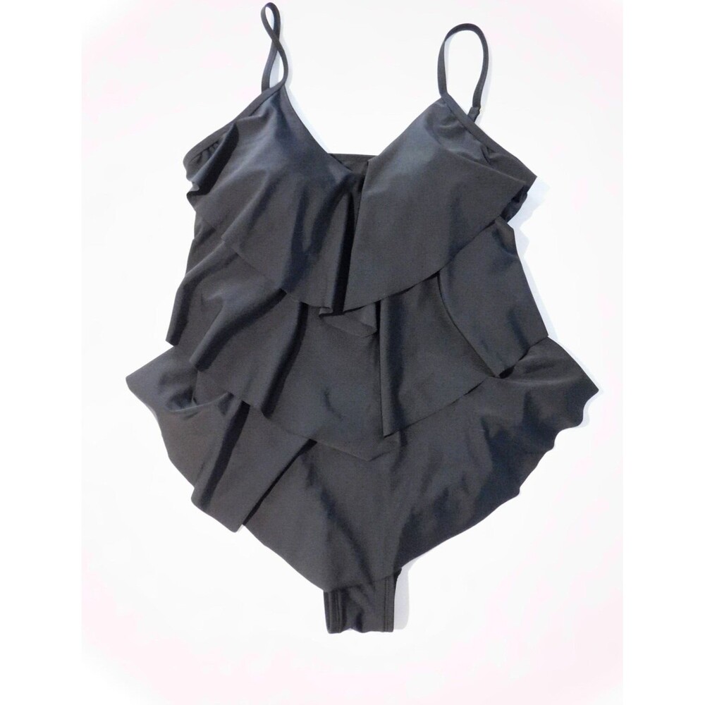 Love My Curves Women's Black  One Piece Swimsuit Size 16 Tiered Ruffles